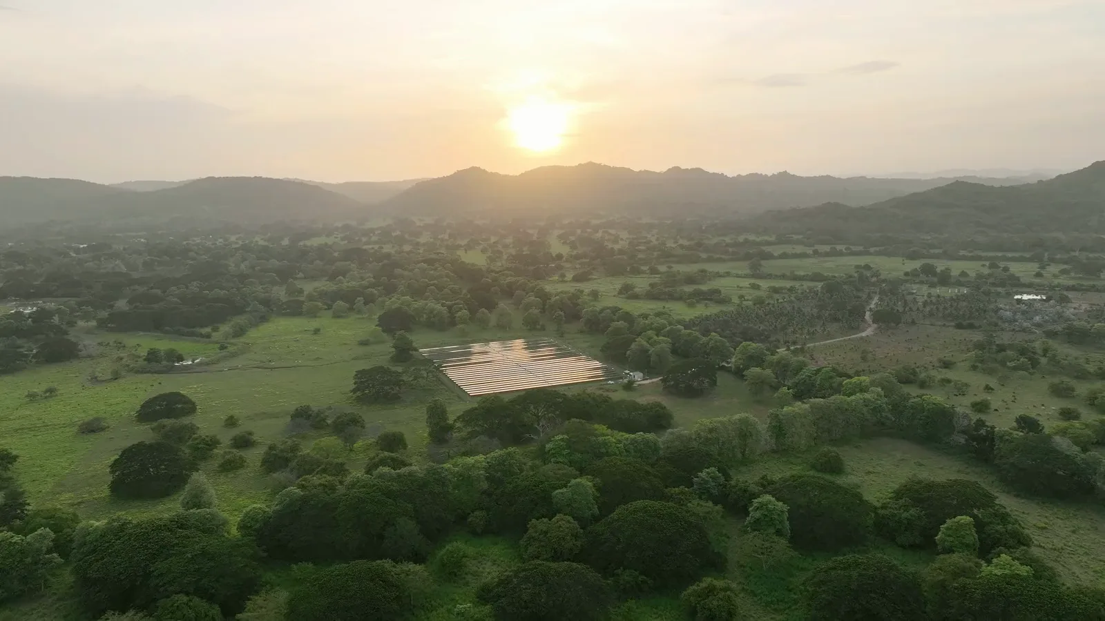 Drone footage of solar infrastructure, surrounding landscapes and crops beneath the panels